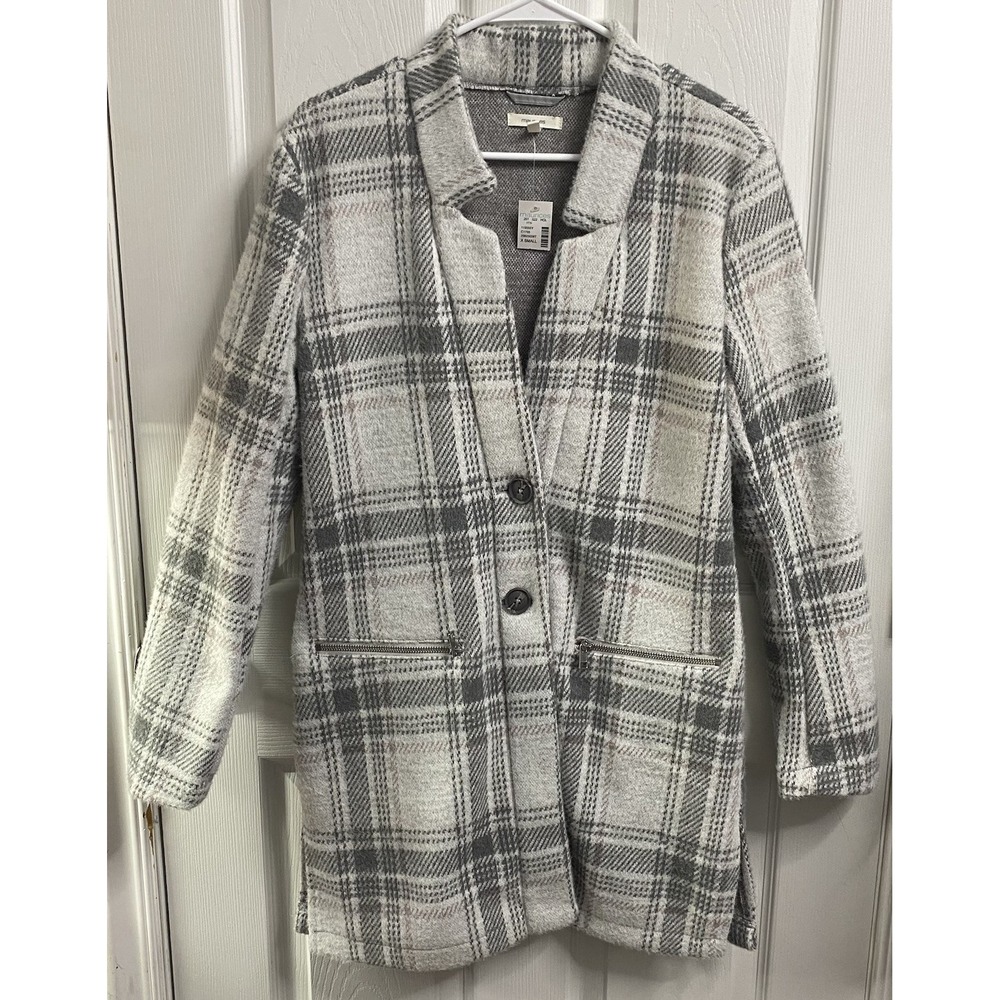 Maurices Women Gray/White Plaid Jacket Button Up Cardigan Sweater Coat XS NEW